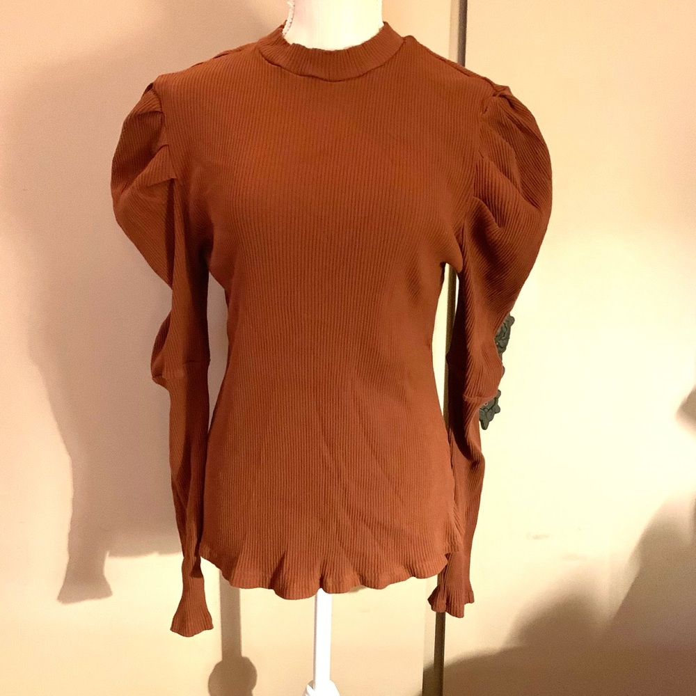 NWOT Women’s SHEIN Puff Sleeve Rib Knit Top - Brown - Picture 2 of 5